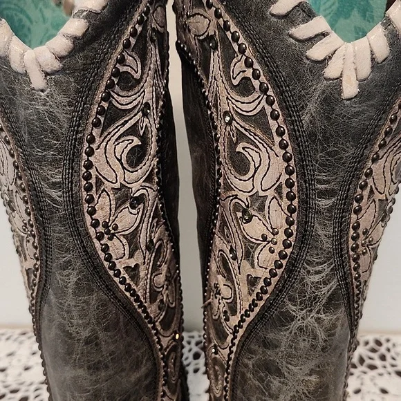 Corral Womens Black/Gray Boots Size 9 Dusky Floral Overlay Crystals & Studs - Picture 11 of 17